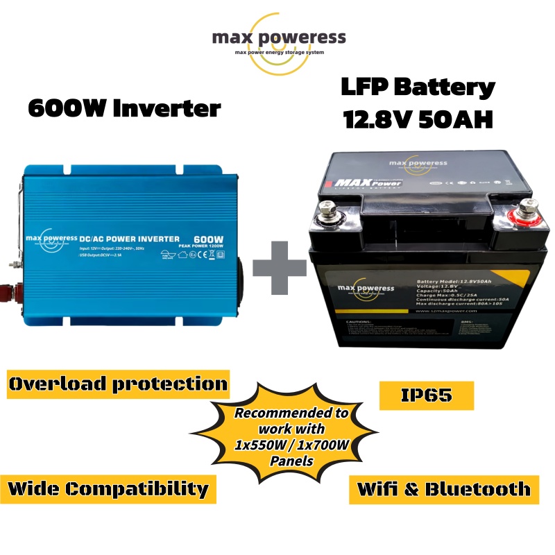 600W Inverter with 50AH LiFePO4 Battery,IP65, WiFi Bluetooth, for Outdoor Camping Home Emergency